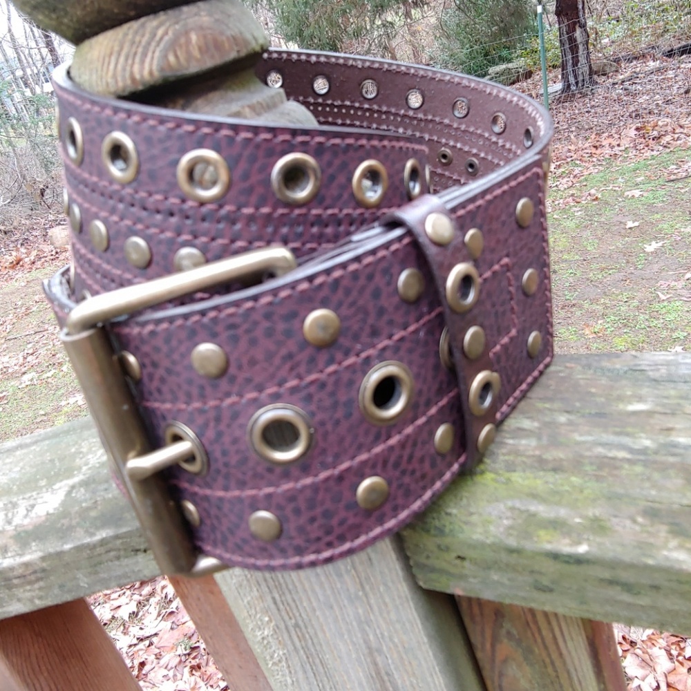 Express Brown Leather Riveted Belt Gold Buckle